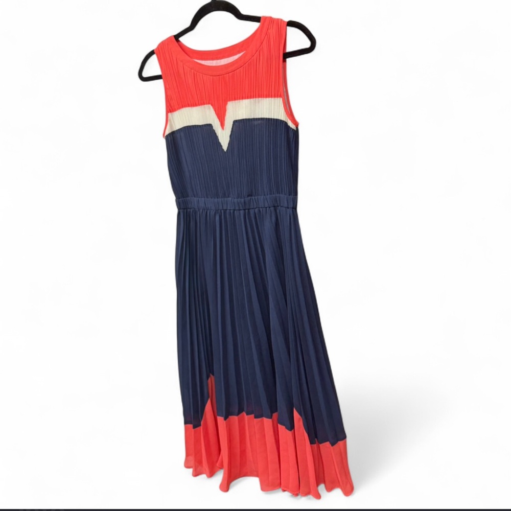 Five Plus Colorblock Micro-Pleated Midi Dress Navy Coral Cream Size S - Picture 4 of 8
